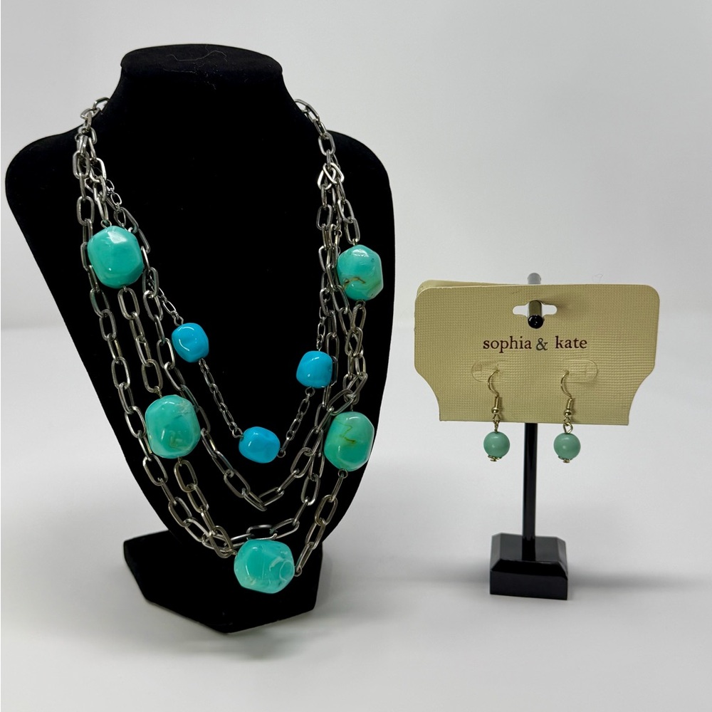 SET: Turquoise and Silver Chain Necklace and Dangle Earrings